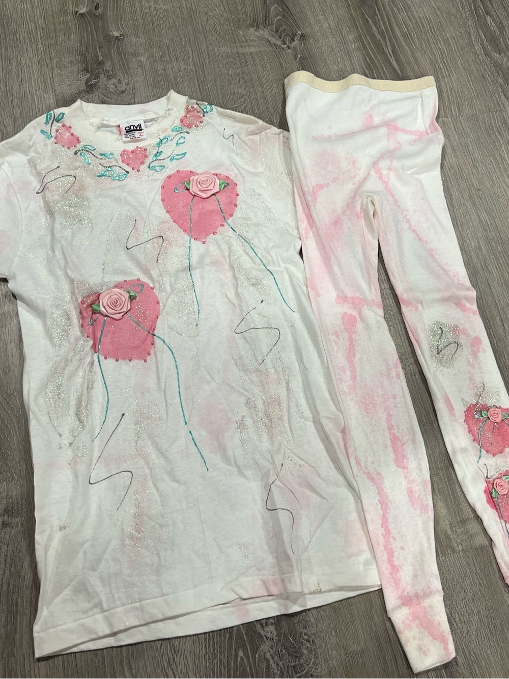 Vintage Girls White Pink Heart Flower hand decorated Set with Floral Appliqué M